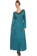 Sakkas Lilybell Embroidered Bell Long Sleeve V-Neck Adjustable Caftan Dress#color_Turquoise