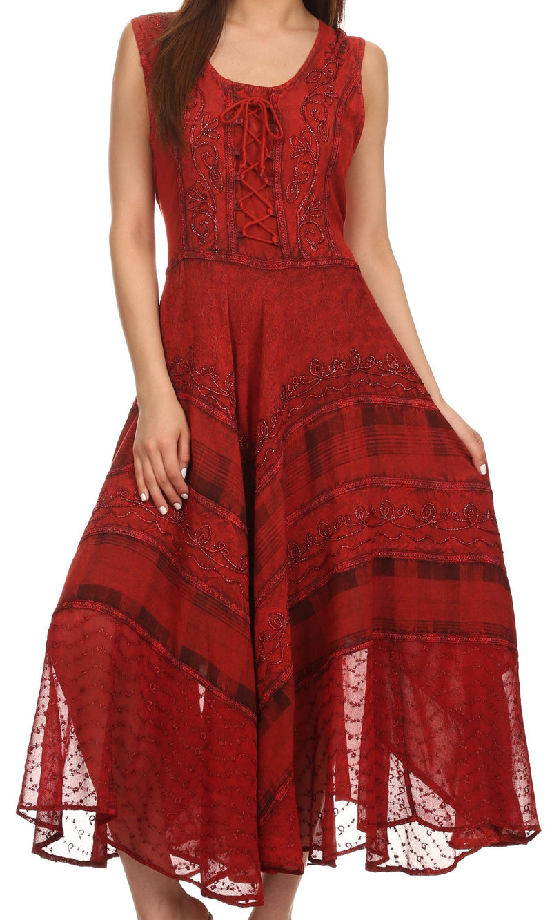 Sakkas Azalea Stonewashed Rayon Embroidery Corset Style Dress