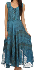 Sakkas Azalea Stonewashed Rayon Embroidery Corset Style Dress#color_TurquoiseBlue