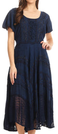 Sakkas Mila Long Corset Embroidered Cap Sleeve Dress With Adjustable Waist#color_Navy