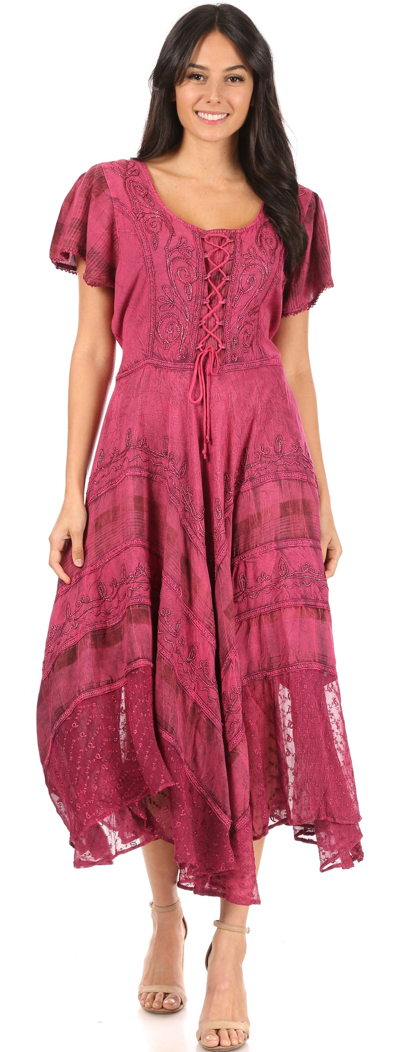 Sakkas Mila Long Corset Embroidered Cap Sleeve Dress With Adjustable Waist
