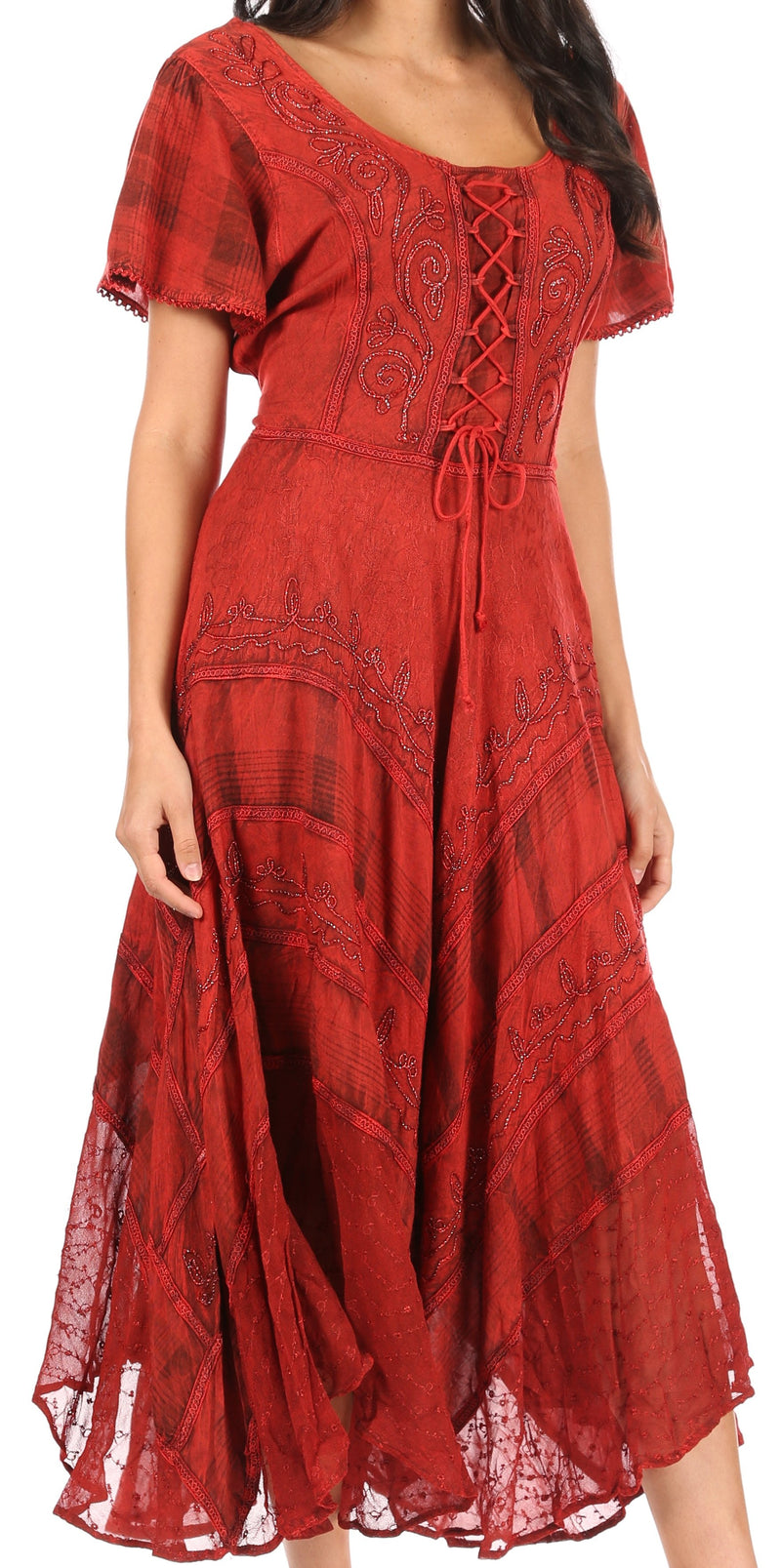 Sakkas Mila Long Corset Embroidered Cap Sleeve Dress With Adjustable Waist