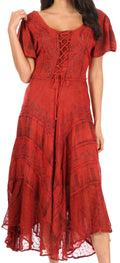 Sakkas Mila Long Corset Embroidered Cap Sleeve Dress With Adjustable Waist#color_Red