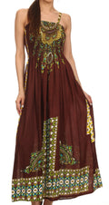 Sakkas Karla Smocked Bust Adjustable Strap Long Dress #color_Brown