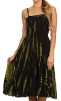 Sakkas Aya Smocked Tie Dye Bodice Mid Length Adjustable Spaghetti Straps Dress#color_Black
