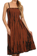 Sakkas Aya Smocked Tie Dye Bodice Mid Length Adjustable Spaghetti Straps Dress#color_Brown