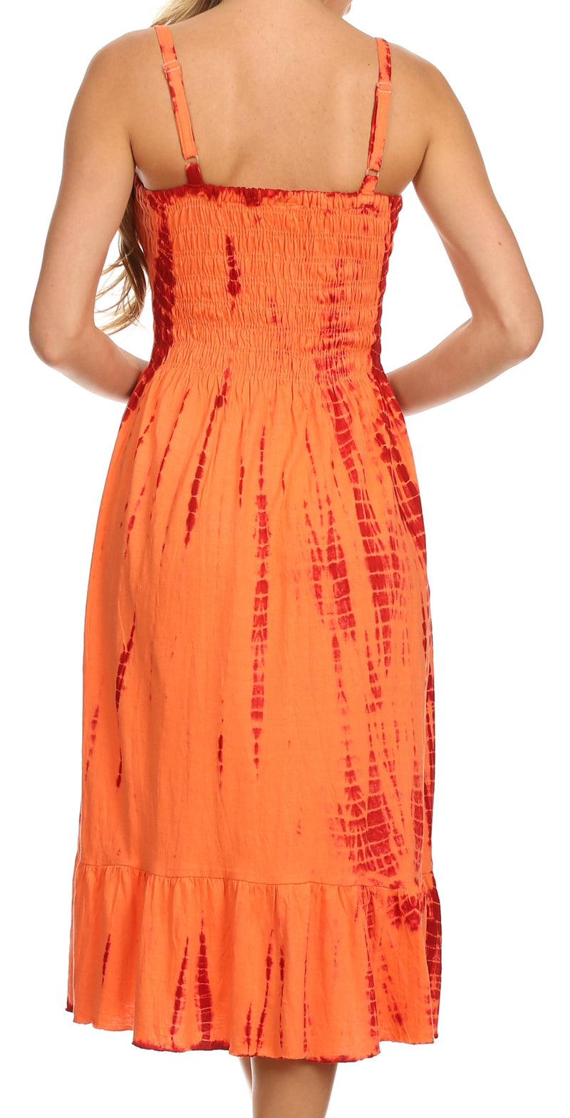 Sakkas Aya Smocked Tie Dye Bodice Mid Length Adjustable Spaghetti Straps Dress