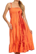Sakkas Aya Smocked Tie Dye Bodice Mid Length Adjustable Spaghetti Straps Dress#color_Orange