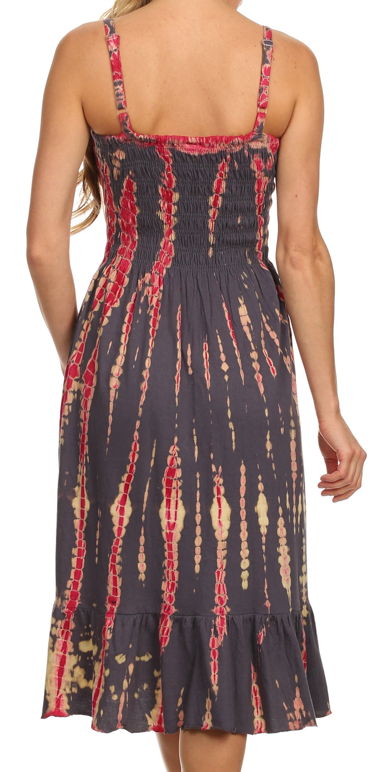 Sakkas Aya Smocked Tie Dye Bodice Mid Length Adjustable Spaghetti Straps Dress