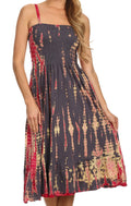 Sakkas Aya Smocked Tie Dye Bodice Mid Length Adjustable Spaghetti Straps Dress#color_Raspberry