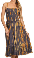 Sakkas Aya Smocked Tie Dye Bodice Mid Length Adjustable Spaghetti Straps Dress#color_Rust