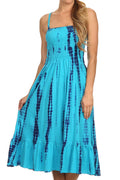 Sakkas Aya Smocked Tie Dye Bodice Mid Length Adjustable Spaghetti Straps Dress#color_Turquoise