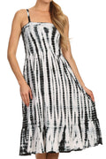 Sakkas Aya Smocked Tie Dye Bodice Mid Length Adjustable Spaghetti Straps Dress#color_White