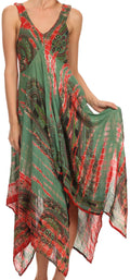 Sakkas Lala Smocked Back Handkerchief Hem V-Neck Sleeveless Dress#color_Green