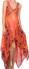 Sakkas Lala Smocked Back Handkerchief Hem V-Neck Sleeveless Dress#color_Orange