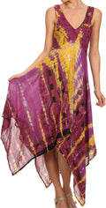 Sakkas Lala Smocked Back Handkerchief Hem V-Neck Sleeveless Dress#color_Purple