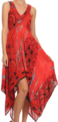 Sakkas Lala Smocked Back Handkerchief Hem V-Neck Sleeveless Dress#color_Red