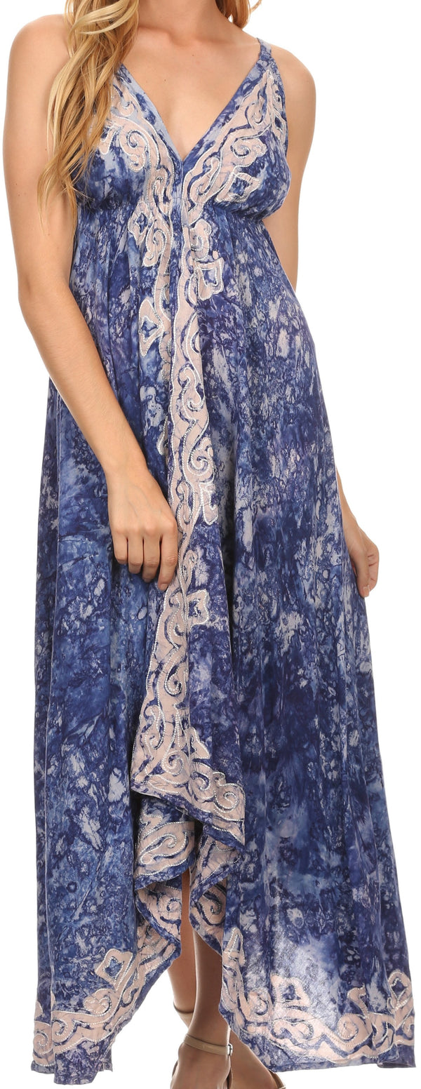Sakkas Neyva Long Handkerchief Hem Embroidered Dyed Spaghetti Strap Batik Dress #color_Blue