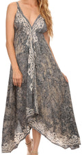 Sakkas Neyva Long Handkerchief Hem Embroidered Dyed Spaghetti Strap Batik Dress #color_Grey