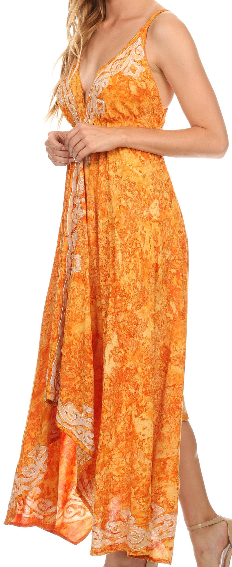 Sakkas Neyva Long Handkerchief Hem Embroidered Dyed Spaghetti Strap Batik Dress