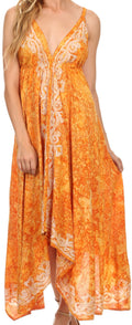 Sakkas Neyva Long Handkerchief Hem Embroidered Dyed Spaghetti Strap Batik Dress #color_Orange