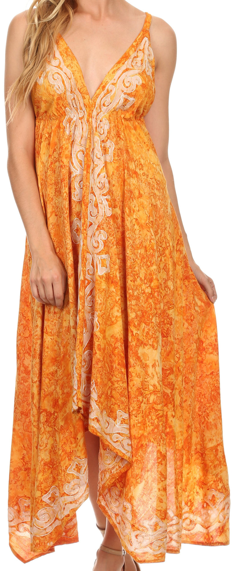 Sakkas Neyva Long Handkerchief Hem Embroidered Dyed Spaghetti Strap Batik Dress