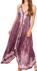Sakkas Neyva Long Handkerchief Hem Embroidered Dyed Spaghetti Strap Batik Dress #color_Purple