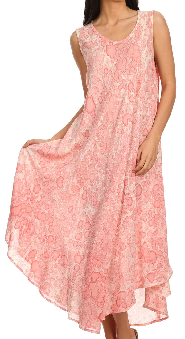 Sakkas Eva Sleeveless Freckled Dyed Scoopneck Long Caftan Dress / Cover Up#color_Coral