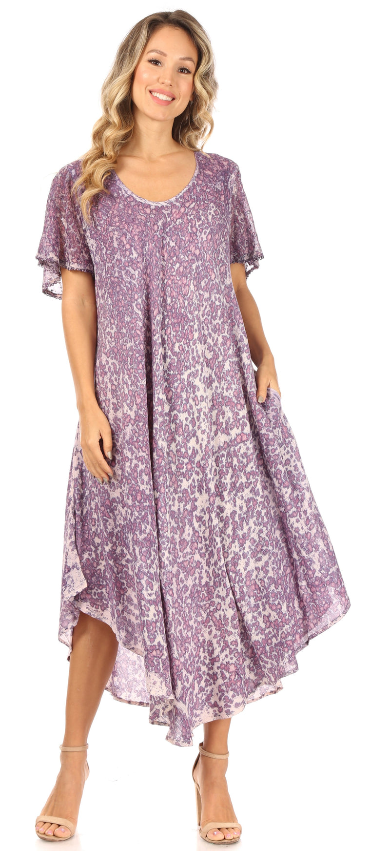 Sakkas Lila Freckled Dyed Cap Sleeve Scoopneck Long Caftan Dress / Cover Up