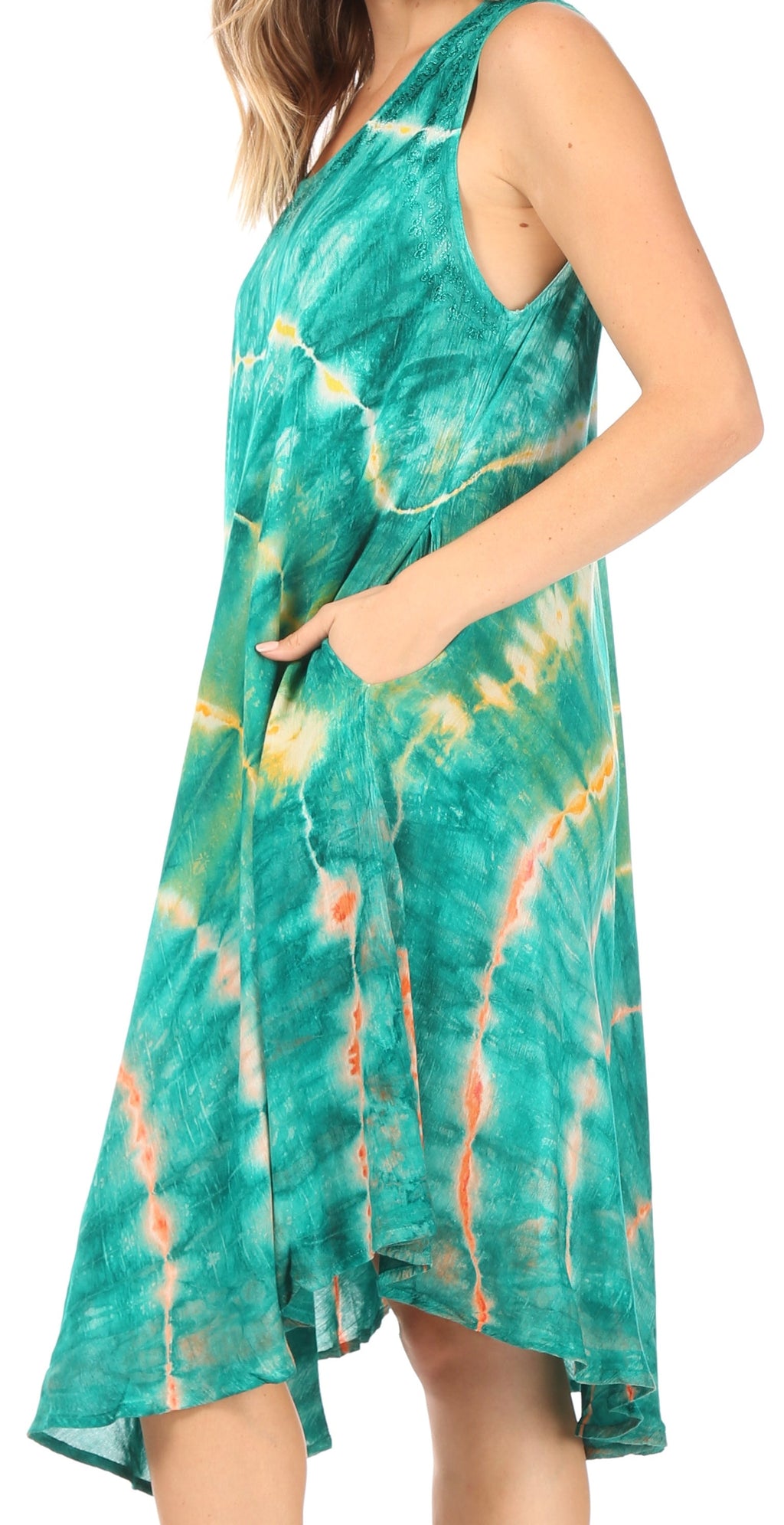 Sakkas Nora Sleeveless Embroidered Short Tie Dye Caftan Dress / Cover