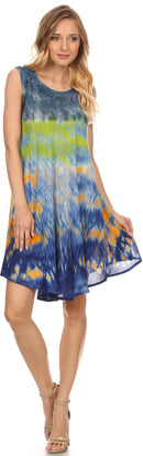 Sakkas Nora Sleeveless Embroidered Short Tie Dye Caftan Dress / Cover Up