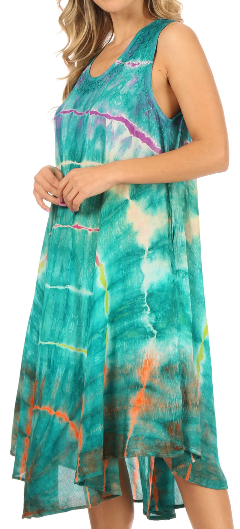 Sakkas Nora Sleeveless Embroidered Short Tie Dye Caftan Dress / Cover Up