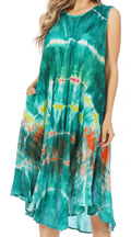 Sakkas Nora Sleeveless Embroidered Short Tie Dye Caftan Dress / Cover Up#color_Teal