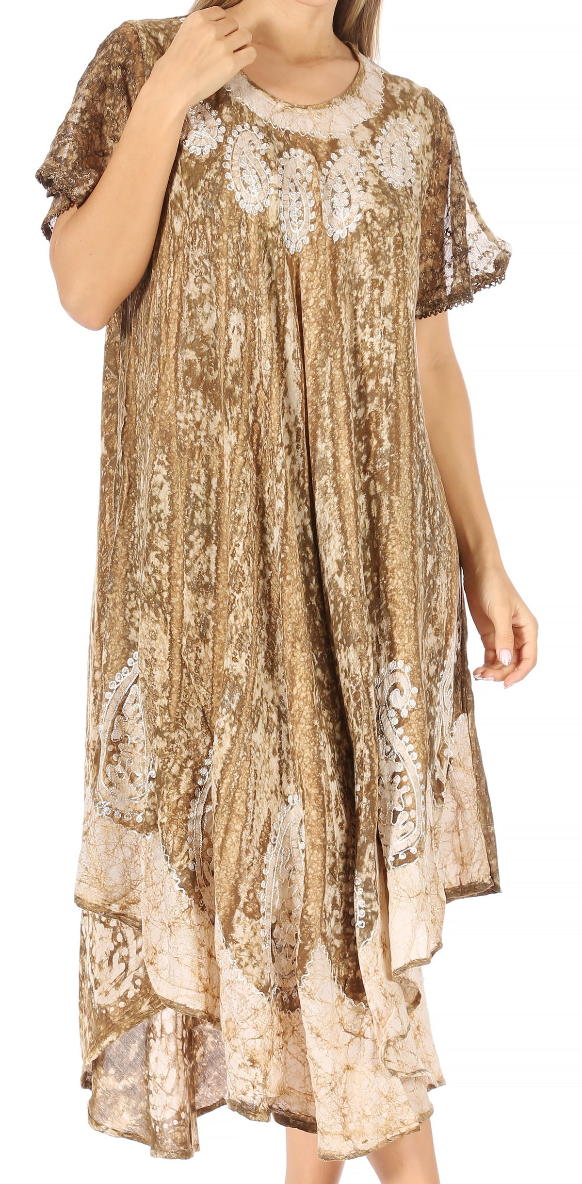 Sakkas Bree Long Embroidered Cap Sleeve Marbled Dress One Size / Orchid