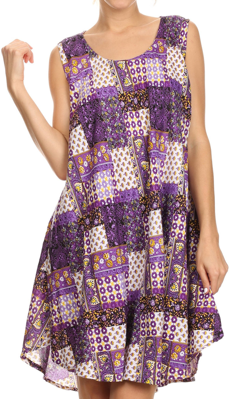Sakkas Spal Mid Length Scoop Neck Tank Top Printed Batik Caftan Dress / Cover Up