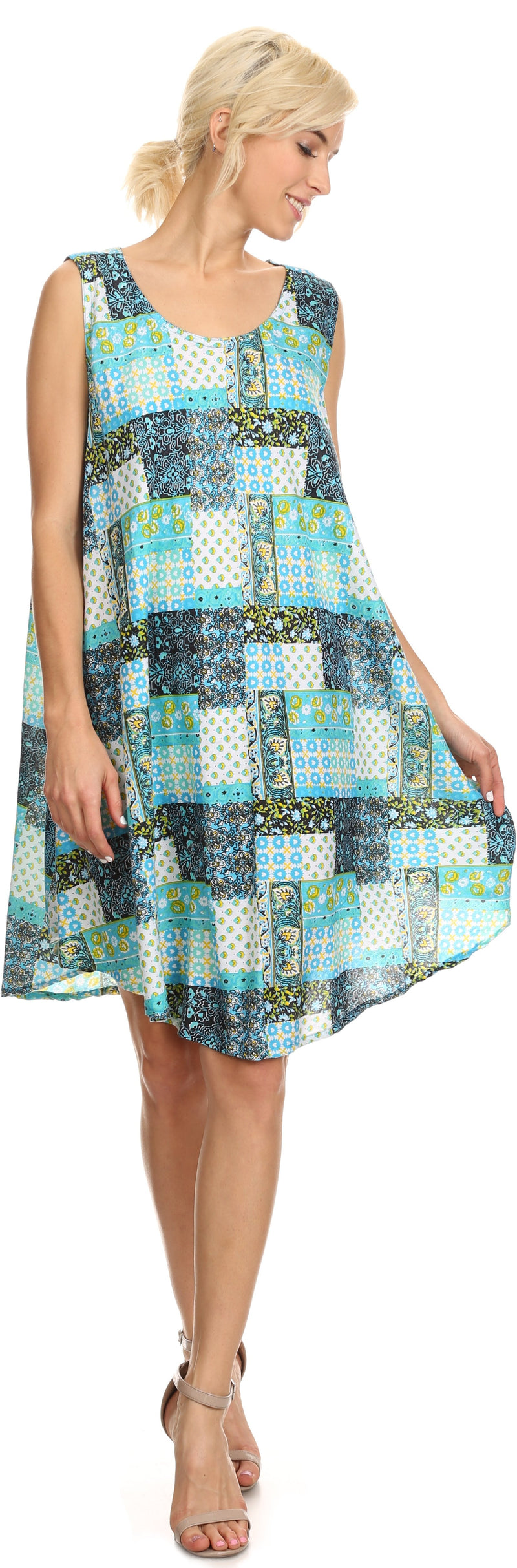 Sakkas Spal Mid Length Scoop Neck Tank Top Printed Batik Caftan Dress / Cover Up