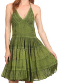 Sakkas Laye Short Adjustable Halter Top Embroidered Floral Batik Circle Dress#color_Green