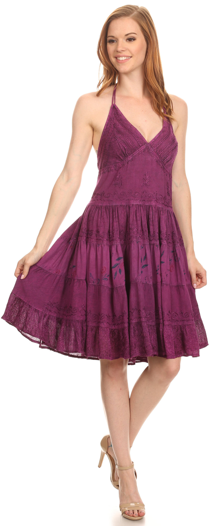 Sakkas Laye Short Adjustable Halter Top Embroidered Floral Batik Circle Dress
