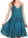 Sakkas Laye Short Adjustable Halter Top Embroidered Floral Batik Circle Dress#color_Turquoise