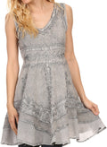 Sakkas Jaydence Short Floral Embroidered Deep Neck Tank Top Sleeveless Batik Dress#color_Grey