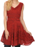 Sakkas Jaydence Short Floral Embroidered Deep Neck Tank Top Sleeveless Batik Dress#color_Red