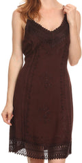 Sakkas Aliney Short Adjustable Spaghetti Strap Sleeveless Embroidered Day Dress #color_Chocolate