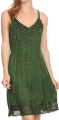 Sakkas Aliney Short Adjustable Spaghetti Strap Sleeveless Embroidered Day Dress #color_Green