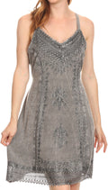 Sakkas Aliney Short Adjustable Spaghetti Strap Sleeveless Embroidered Day Dress #color_Grey