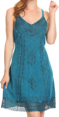 Sakkas Aliney Short Adjustable Spaghetti Strap Sleeveless Embroidered Day Dress #color_Turquoise