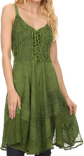 Sakkas Calleea Mid Length Embroidery Sleeveless Spaghetti Strap Corset Batik Dress#color_Green