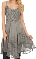Sakkas Calleea Mid Length Embroidery Sleeveless Spaghetti Strap Corset Batik Dress#color_Grey