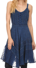 Sakkas Calleea Mid Length Embroidery Sleeveless Spaghetti Strap Corset Batik Dress#color_Navy