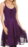 Sakkas Calleea Mid Length Embroidery Sleeveless Spaghetti Strap Corset Batik Dress#color_Purple