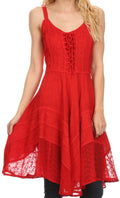 Sakkas Calleea Mid Length Embroidery Sleeveless Spaghetti Strap Corset Batik Dress#color_Red